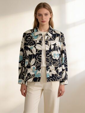 Alfred Dunner Petite Floral Button Front Jacket Navy Beige Blue 12P